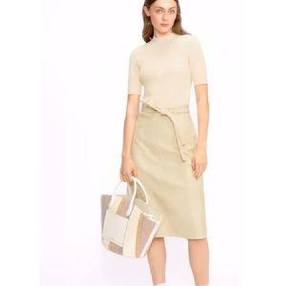 Ted Baker London Womens Beige Ribbed Knit PLEATED FAUX LEATHER PENCIL DRESS Sz 1